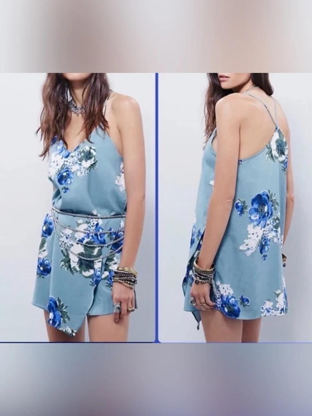 Free People Intimately Cascades Floral Chiffon Mini Slip Dress Slate Blue L